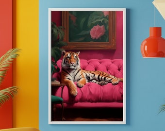 Tiger Art Print, Pink Maximalist Home Decor