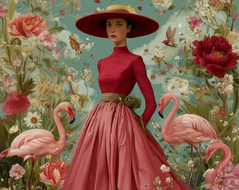 鳥のアートコレクション、ファインアートのジクレープリント、気まぐれなフランスの壁アート、ヴィンテージのパリのアート、鳥とトロピカルな女性の装飾のオリジナルアートワーク