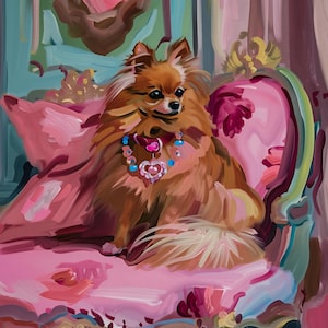 Original Art - Pomeranian Wall Art, Maximalist Pet Portrait, Victorian Style Dog Decor, Fancy Dog Print, Pomeranian Decor, Unique Pet Gift