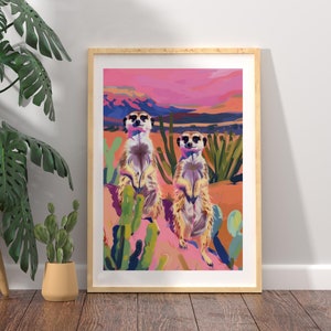 Lebendige Wildtier-Wanddekoration, Schrullige Tierkunst, Erdmännchen-Wüste Kunstdruck, Buntes Erdmännchen-Poster, Maximalistischer Druck Safari-inspirierte Wandkunst