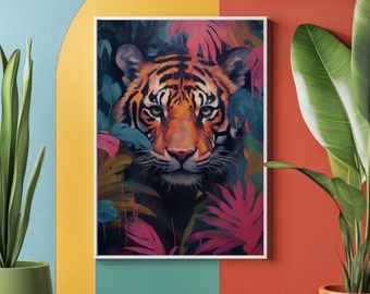 Tigeraffischkonst, utskrivbar maximalistisk tigerkonst, dopamindekor, preppy väggdekor, digital trendig konst, eklektisk maximalistisk tigerkonst