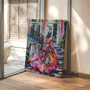 Sophisticated Canvas Print, Elegant Staircase Canvas Art, Vibrant Gown Wall Decor, Maximalist Interior Artwork, Luxury Staircase Poster
