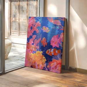 Arte em tela subaquática colorida, impressão de recife de coral tropical, arte de parede de peixes do oceano, tela vibrante de vida marinha, decoração inspirada no mar para paredes