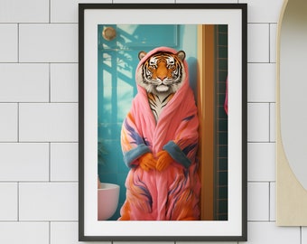 Tiger in Pink Robe Art Print, Eclectic Bathroom Decor