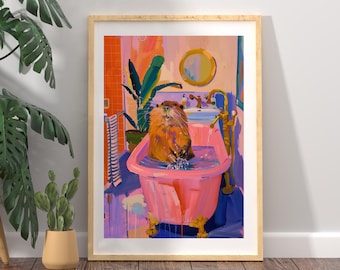 Cuadro de pared de un castor bañándose, decoración de baño original, póster maximalista de fauna salvaje, arte animal divertido, decoración maximalista que estimula la dopamina, arte para el baño