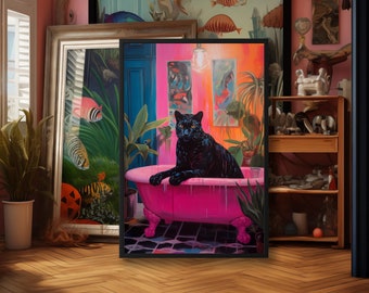 Panther in Pink Bathtub Art Print, Maximalist Jungle Bathroom (Digital Download)