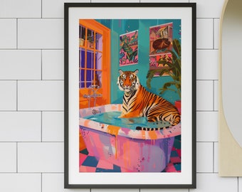 Tiger in Pink Bathtub Art Print, Maximalist Bathroom Decor