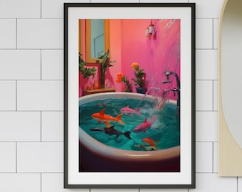 Pink Bathroom Shark Print, Maximalist Kitsch Wall Art
