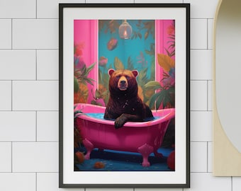 Bear in Pink Tub Art Print, Maximalist Bathroom Decor
