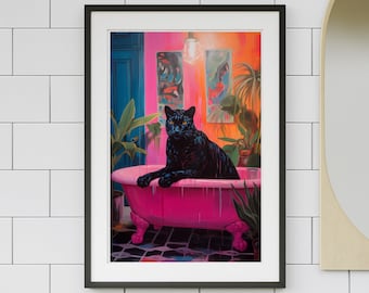 Panther in Pink Bath Art Print, Maximalist Bathroom Decor