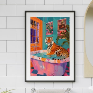 Tiger Poster, Bathroom Wall Art, Tiger In a Bath Print, Maximalist Dopamine Decor, Pink Kitsch Aesthetic, Preppy Wall Art, Maximalist Decor