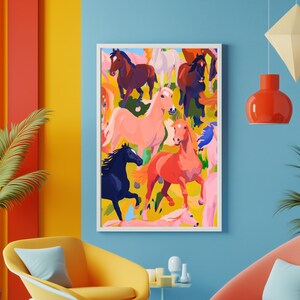 Vibrant Running Horses Print - Maximalist Horse Art, Colorful Equine Wall Decor, Wild Horses Galloping, Bold Equestrian Poster Eclectic Home