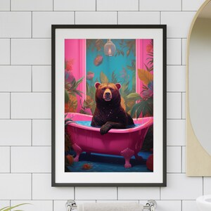 Bear in Pink Tub Art Print, Maximalist Bathroom Decor