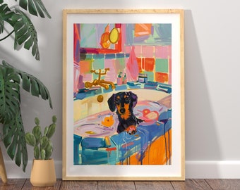 Dachshund Bathroom Wall Art, Dopamine Wall Art, Animal in Bathtube, Maximalist Dog Art, Dog Mom Art, Dog Dad Art, Trendy Bathroom Wall Decor