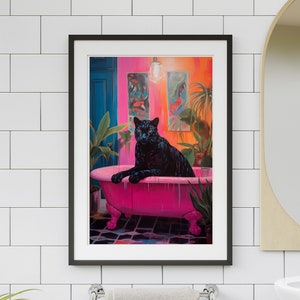 Dopamine Decor, Maximalist Bathroom Wall Art, Pink Kitsch Aesthetic, Panther In a Bath Print, Preppy Wall Art Trendy Decor Bathroom Wall Art