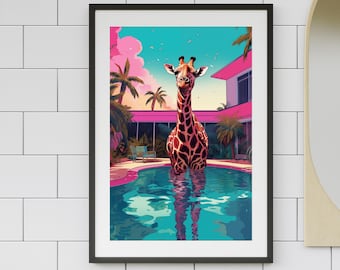 Giraffe in Pool Art Print, Maximalist Bathroom Decor