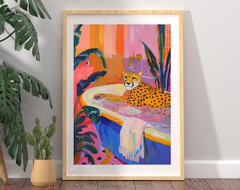 Cheetah in Bathtub Print, Maximalist Bathroom Wall Art