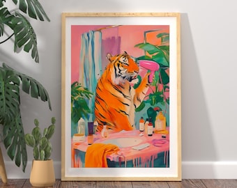 Funny Tiger Bathroom Art Print, Colorful Animal Wall Decor, Whimsical Tropical Jungle Poster, Quirky Bathroom Wall Art