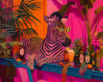 May include: A zebra wearing sunglasses sits at a bar with a variety of alcoholic beverages and tropical plants. The zebra is leaning on the bar with its front legs, and its head is turned to the side. The bar is decorated with a blue and white pattern.