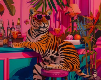 Funky Tiger Jungle Wall Art, Tropical Artwork, Pink Retro Tiki Bar Illustration, Cool Cat in Sunglasses Print, Vibrant Boho Tropical Decor