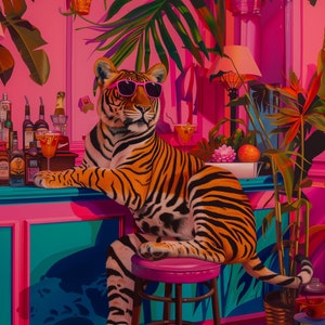 Impresión de arte de bar de tigre tropical, póster de cóctel de jungla rosa funky, decoración de pared de gafas de sol de gato fresco, obras de arte retro de salón Tiki, decoración vibrante