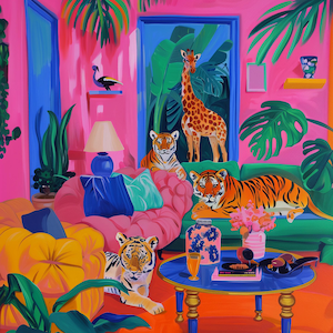 Impresión de arte maximalista, decoración de pared vibrante, impresión de arte caprichosa, decoración de dopamina, selva tropical colorida, cartel de animales tropicales, arte de pared