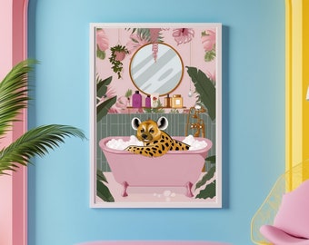 Spotted Hyena in Bathtub Art Print, Maximalist Animal Wall Decor