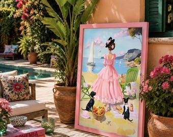 Póster de picnic en la playa con vestido rosa, perros y veleros.