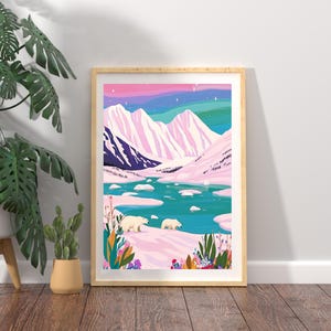 Polar Bear Wall Art, Arctic Wildlife Print, Minimalist Animal Poster, Nordic Nature Decor, Snow Landscape Painting, White Bear Artwork