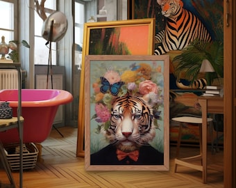 Renaissance Tiger Portrait Print, Maximalist Wall Art