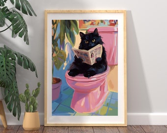 Black Cat Reading Newspaper Art Print, Maximalist Bathroom Decor