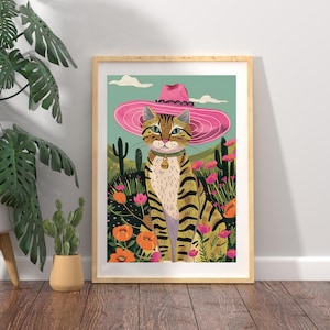 Maximalistische getigerte Katze mit pink Hut, rote Katze, rote Katze, rotes Katzenposter, Katzenliebhaber Geschenk