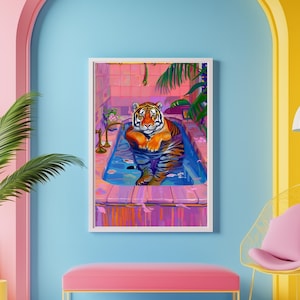 Art mural tigre dans la baignoire, décoration murale de salle de bain, imprimé animal maximaliste, art mural éclectique original esthétique dopamine, peinture tigre vibrante