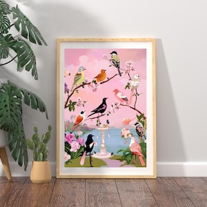 Vogeltuinprint - grillige vogelkunst, fine art vogelposter, pastel vogelillustratie, giclée vogel muurdecoratie, kleurrijke vogels in de natuur