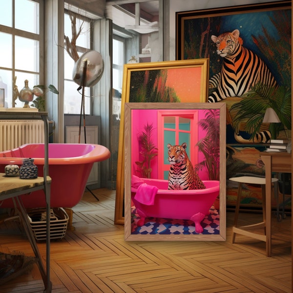 Impression Jaguar dans une salle de bain, décoration dopamine, art mural maximaliste, esthétique kitsch rose, art mural salle de bain, art mural preppy, déco tendance