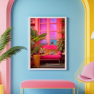 Tiger Print Decor Maximalist Pink Poster Dopamine Decor Preppy Room Decor Maximalist Wall Art Print Tiger Art Funky Art College Dorm Decor