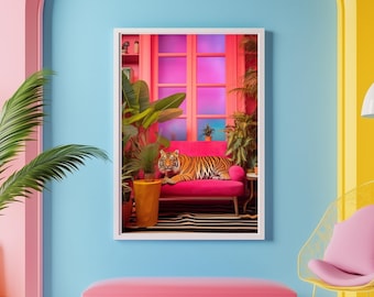 Pink Tiger Art Print, Maximalist Colorful Wall Decor