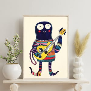 Lámina de pulpo colorido para pared: divertido póster de animales, ilustración de pulpo caprichosa, adorable criatura marina para habitación infantil.