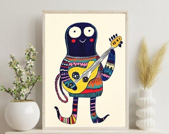 Colorful Octopus Guitar Print – Whimsical Sea Art, Nursery Decor