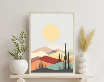 Minimalist Desert Landscape Print, Abstract Sun, Cacti Wall Art