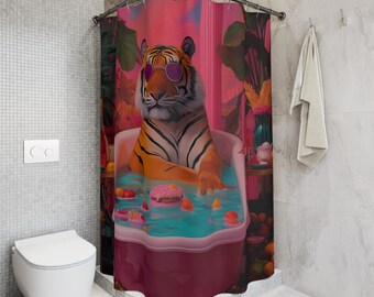 Funny Tiger Bathing Shower Curtain, Polyester Tropical Bathroom Decor, Colorful Animal Bath Decor