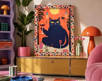 Weinposter „Schwarze Katze“, Wanddeko für eine Retro-Cocktaillounge