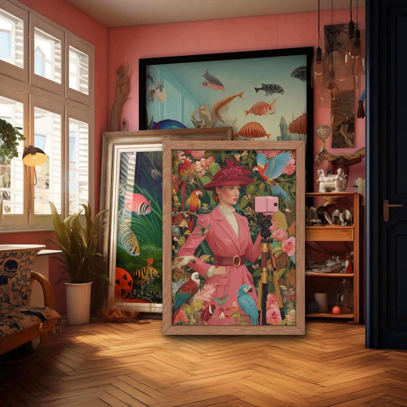 The Birdwatcher, Dopamine Decor, Fine Art Print, Maximalist Wall Art, Whimsical Art Print, Bird Art, Collection of Birds, Eclectic Wall Art 画像 3