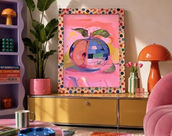 Póster Disco Apple Mirrorball, Arte de pared de cocina maximalista rosa