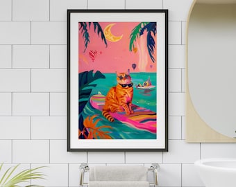 Tropical Cat Art Print, Quirky Vacation Poster, Maximalist Wall Decor