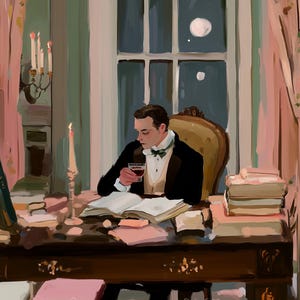 Puede incluir: Ilustración de una persona con vestimenta formal sentada en un escritorio, leyendo y sosteniendo un vaso de líquido rojo. La escena está ambientada en una habitación con una ventana que muestra una noche iluminada por la luna. Una vela y libros están en el escritorio.