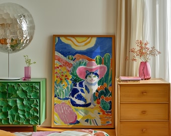 Maximalist Cat Art Print: Vibrant Tropical Scene, Bold Expression Wall Decor