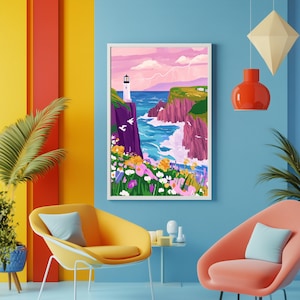 Affiche côtière vibrante, art mural paysage coloré, impression de champ de fleurs, oeuvre d'art nature botanique, décor lumineux de paysage estival