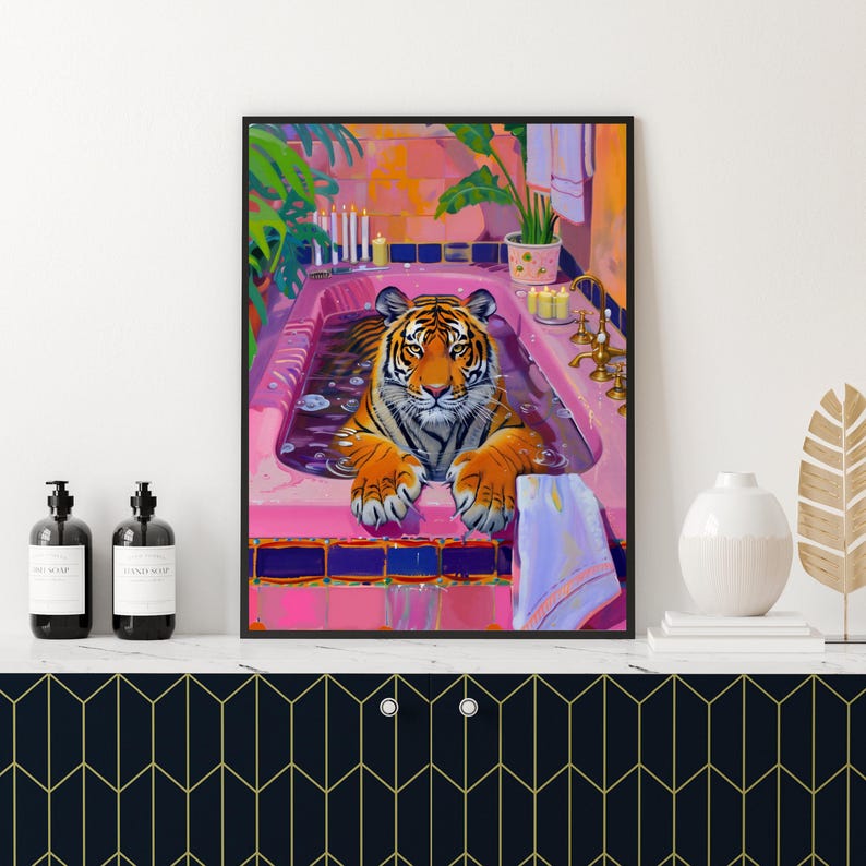 Tiger in Pink Bathtube Bathroom Wall Art, Pink Bathroom Decor, Kitsch