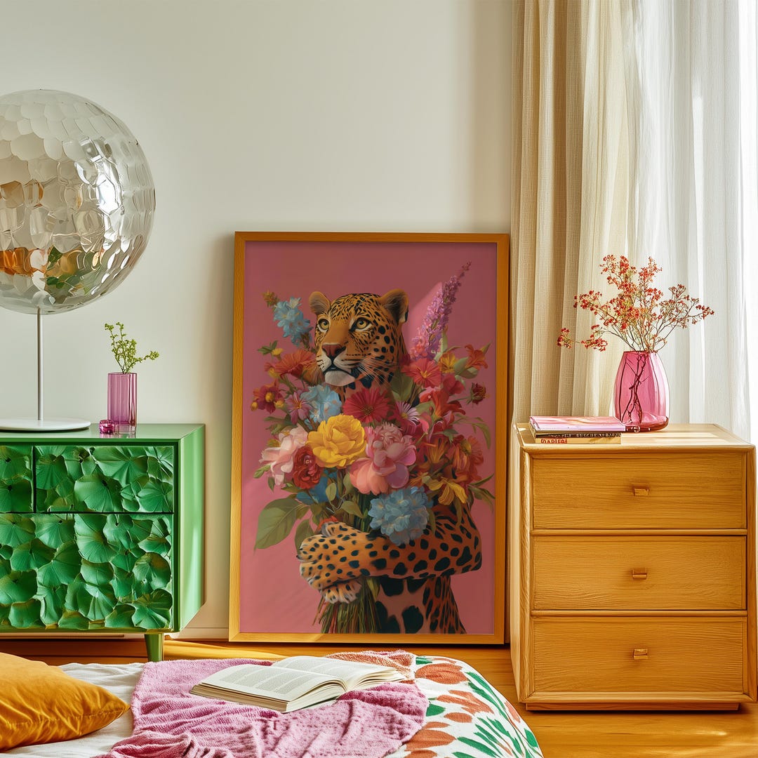Leopard With Flowers Art Print, Maximalist Animal Floral Home Decor - Etsy